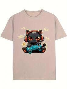 Camiseta de cuello redondo, adecuada tanto para hombres como para mujeres.Diseños adorables de gatos jugadores y gatos de anime, camisetas divertidas para entusiastas casuales de los deportes electrónicos, un regalo para tu novio. - Negro - Ver 7