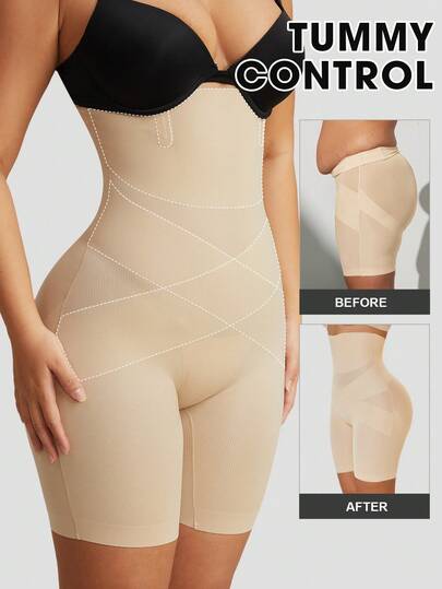 1 st dambyxor med hög midja och kors och magkontroll, sömlösa shapewear-byxor, platta mage-shorts, underkläder, trosor, midjebandage