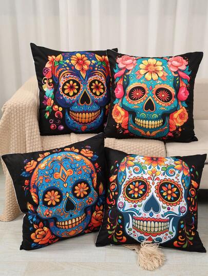4 件套亡灵节骷髅装饰桃皮枕套，17.72 英寸墨西哥风格骷髅和花卉图案抱枕套，沙发靠垫套，客厅卧室装饰，万圣节快乐装饰，亡灵节装饰，万圣节礼物，节日派对装饰用品，家居装饰