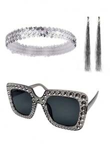 3pcs Disco Glitter Party Outfit Set: Sequin Headband + Rhinestone Sunglasses + Tassel Clip-On Earrings, Suitable For Cosplay, Halloween Party, And Daily Gatherings