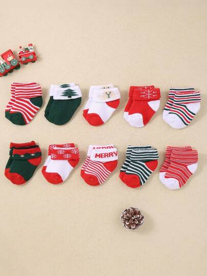 1/5/10 Pairs Random Cute Christmas Decorations Rich Terry Turn Cuff Socks For Toddler Boys Girls, Newborn Essentials Antumn Winter Ankle Socks, Suitable For Casual Festival Baby Socks, Soft Comfortable Infant Socks For Halloween Christmas Xmas Gift