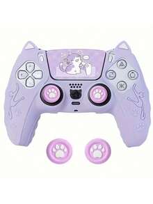 可爱猫主题 PS 控制器硅胶保护套，带拇指握把和触摸板贴花，防滑、防汗、防尘、防刮擦，增强游戏体验 - 舒适的 PlayStation 5 保护套