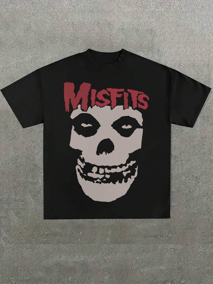 Misfits Skull Graphic T - Shirt,Comfortable Casual Short Sleeve, 220 Grams Heavyweight Cotton Printed T-Shirt,Halloween - Black - View 1