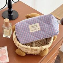 1 pieza Bolsa de maquillaje a cuadros de 4 colores, bolsa portátil de almacenamiento de cosméticos y artículos de aseo