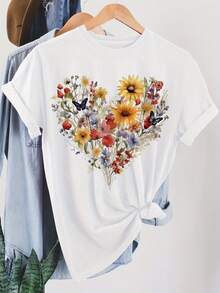 Playera Estampada Floral, Manga Corta Cuello Redondo, Top Casual Para Verano Y Primavera, Ropa De Mujer - Blanco - Ver 1
