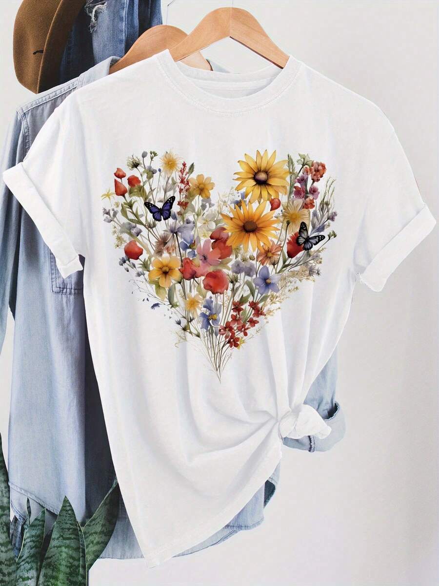 Playera Estampada Floral, Manga Corta Cuello Redondo, Top Casual Para Verano Y Primavera, Ropa De Mujer - Blanco - Ver 1