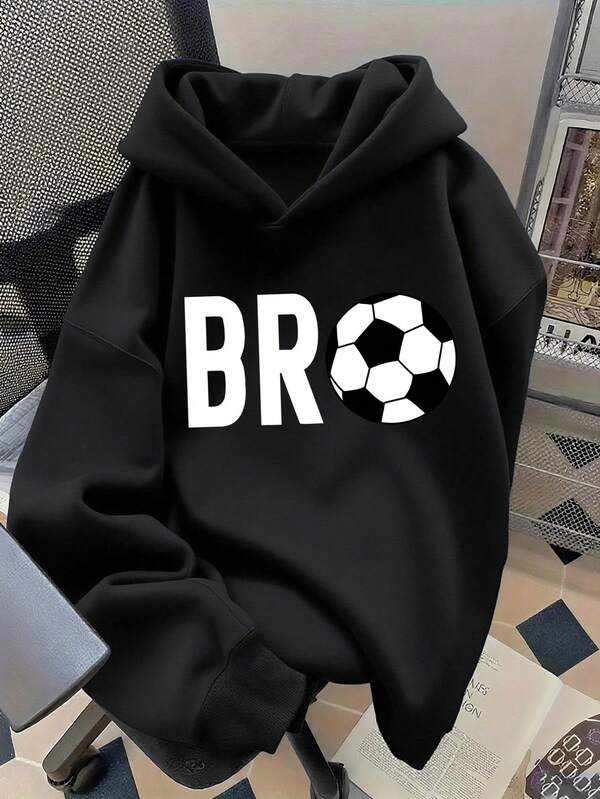 Tween Boy Fleece Lined Warm BRO Football Hoodie, Suitable For Kids Autumn/Winter Long Sleeve Top, Young Student Streetwear/Casual/Stylish/Daily/Sports/Fashion/College