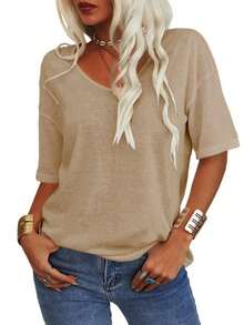 Women's 3/4 Sleeve Shirts V Neck Loose Fitting Tops Casual Solid Color Tshirts  Basic Tunic Summer Ladies Tops - 卡其色 - 查看 2