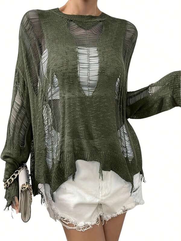 2025 Novo suéter de malha de manga comprida com decote em V solto e vazado para férias para mulheres