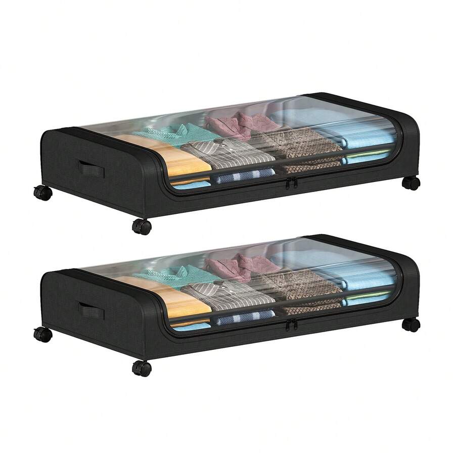 2pcs Under Bed Storage Containers Rolling Under Bed Drawer With Clear Window - Black - View 1