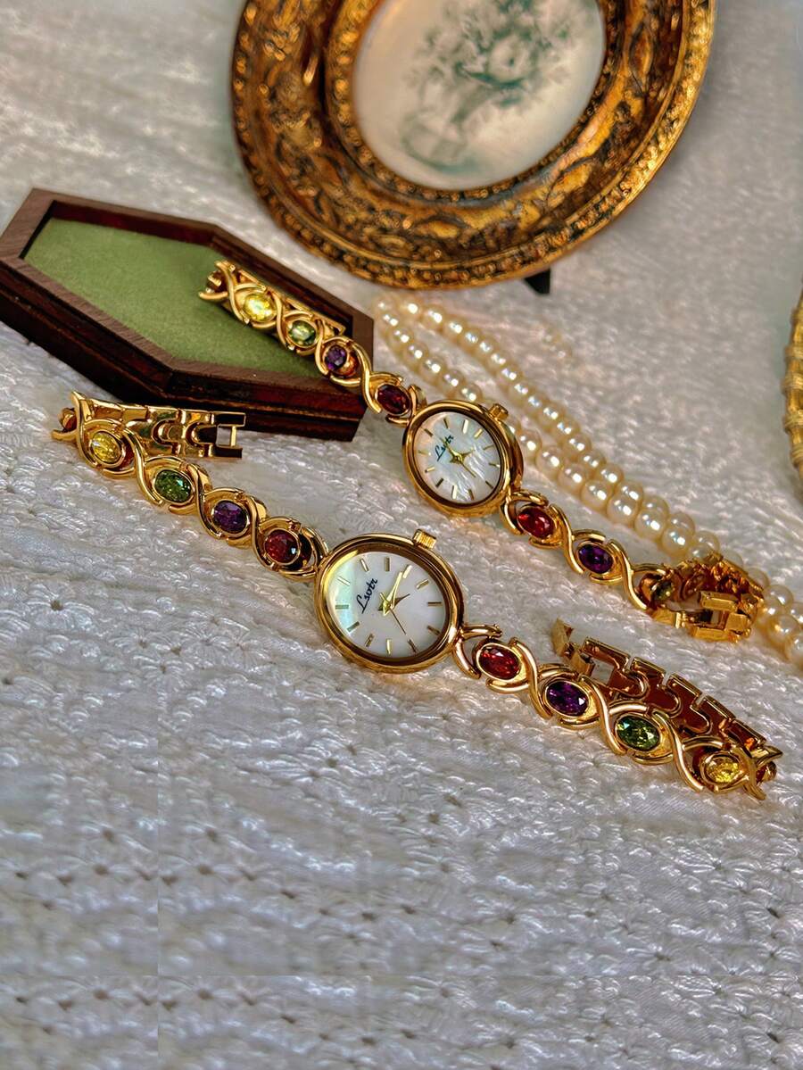 1pc New Luxury Colorful Beryl Gemstone & Crystal Embellished Vintage Elegant Fashion Women's Watch, Oval Pearl Dial, 30M Water Resistant, Suitable For Daily Wear, Parties, Vacations And Outings - 金色 - 查看 1