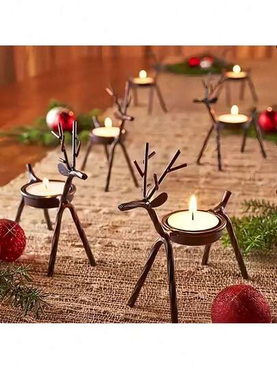 2pcs Christmas Brown Reindeer Candle Holders, Creative Iron Deer Candle Holders (Candles Not Included), Suitable For Christmas Party Table Decor, Birthday Gifts, Room Decor, Home Atmosphere, Aromatherapy Candle Holders, Tabletop Decor