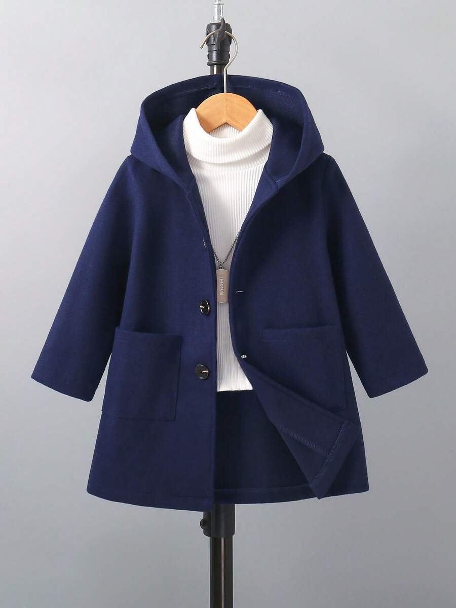 Young Boy's Solid Color Dual Pocket Casual Long Sleeve Hooded Jacket, Winter - Royal Blue - View 1