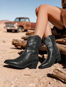 Cowboy Boots For Women, Pointed Toe Chunky Heel Cowgirl Boots, Zipper Pull-On Stitched Western Boots Ankle Boots For Ladies (White,Red,Black,Brown) - 黑色 - 查看 8