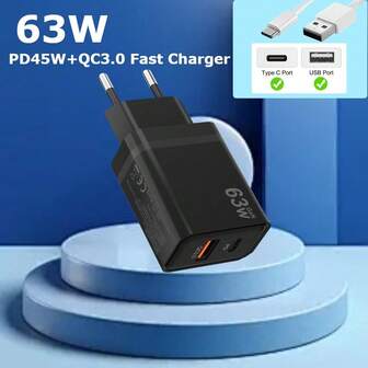 63W Fast Charger, 2-Port PD+QC3.0 USB C Fast Charger Socket For Galaxy S24 Ultra/S24+/S24/S23 Ultra/S23/S22/S21/S20, A55/A54/A25/A15, Z Fold 6, For IPhone 17/16/15 IPad Pro Air, Pixel Adapter