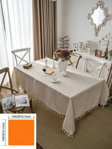 1pc Plain Linen Tablecloth With Tassels, Rustic Farmhouse Style, Versatile For Kitchen, Coffee Table, TV Stand, Suitable For Daily Use, Holidays, Family Gatherings, Birthday Parties, Weddings, Dinner Parties, All Seasons