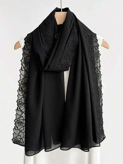 وشاح رأس من الشيفون المزخرف بالخرز الاصطناعي بلون وردي ثابت، وشاح للنساء للارتداء مع الفستان