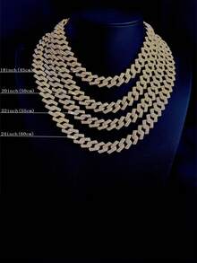 1pc 15mm Cuban Link Chain Curb Chain Necklace,Unisex 3 Rows Rhinestone Hip Hop Necklace Faux Diamond Chain For Father's Day Gift - Diamond - View 2