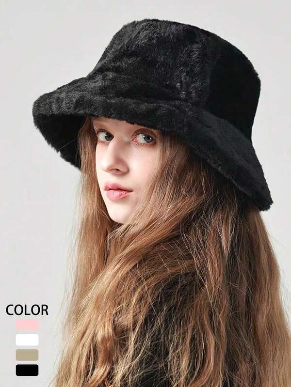 قبعة دلو من الفرو الاصطناعي ذات لون أحادي دافئة وعملية وتناسب كل المناسبات