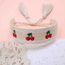 1 Stück kreative bestickter Pfirsich Handgemachter gewebter Vintage Quasten Boho Lässig Urlaubsstil süßes Armband, geeignet als Geschenk für Familie, Freunde, Studenten, Feiertage, Partys, Reisen - Beige - Übersicht 7