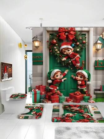 4pcs Christmas Elf Magic Door Bathroom Set | Green Gold-Trimmed Big Door + Christmas Wreath + 3 Cartoon Elf Carrying Gifts | PEVA Waterproof Shower Curtain 72"X72" + U-Shaped Toilet Mat + O-Shaped Toilet Lid Cover + Rectangular Non-Slip Floor Mat | High-Definition Digital Printing, Fade-Resistant | Machine Washable | 12 Stainless Steel Hooks, No Drilling Required | Holiday Theme/Hotel & Homestay/Live Streaming & Photography/Creative Gift