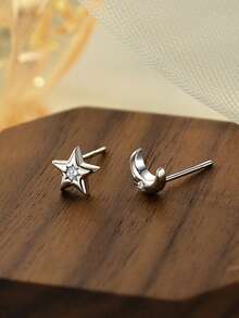 1 Đôi bông tai hình ngôi sao và mặt trăng bằng bạc sterling 925, đính đá Zirconia tinh xảo, dành cho nữ. - Bạc - Xem 3