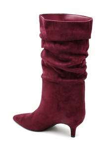 Women's Mid-Calf Stiletto Pointed Toe Boots – Fashion Pleated Style - Burgundy - View 5