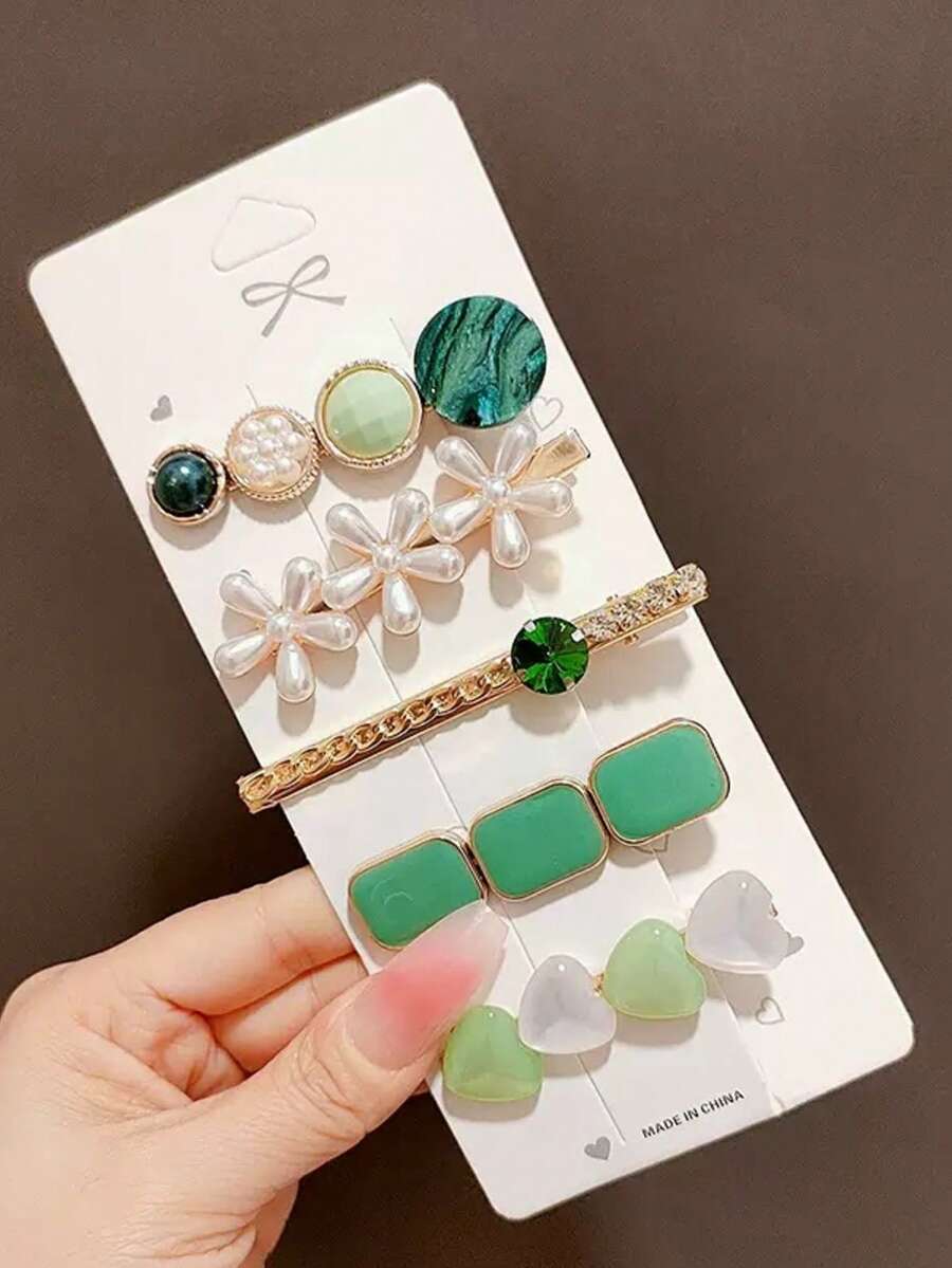 Bộ 5 chiếc kẹp tóc giả ngọc trai và đá pha lê dành cho nữ, kẹp tóc mái, kẹp tóc bên, kẹp tóc trên đỉnh đầu, phụ kiện tóc cao cấp tinh tế và ngọt ngào để sử dụng hàng ngày, kẹp tóc càng cua, kẹp tóc cài, kẹp tóc ghim. - màu xanh lá - Xem 1