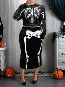 2025 Plus-Size Halloween Costume New Casual Plus-Size Two Pieces Suit, Early Autumn And New Autumn, Day Of The Dead, Easter, Western Style, Parties, Student Costumes, Holiday Restrictions, Role-Playing Dances And Other Scenes, Popular Online Goods, Skull Pattern Printing, Knitted Fabrics, Suitable For Going Out To Wear.
