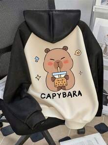 This Black And Color Block Sweatshirt Is Designed For Children, Featuring Animal Graphic Prints. The Stylish Appearance Highlights The Charm Of The Prints. Suitable For Casual, Sports, School Activities, Travel, And Outdoor Occasions. - Black - View 1