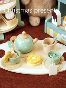 儿童木制茶具套装，公主茶会玩具厨房配件，包含逼真的食物，儿童过家家茶具玩具，增强想象力和社交能力 - 彩色 - 查看 9