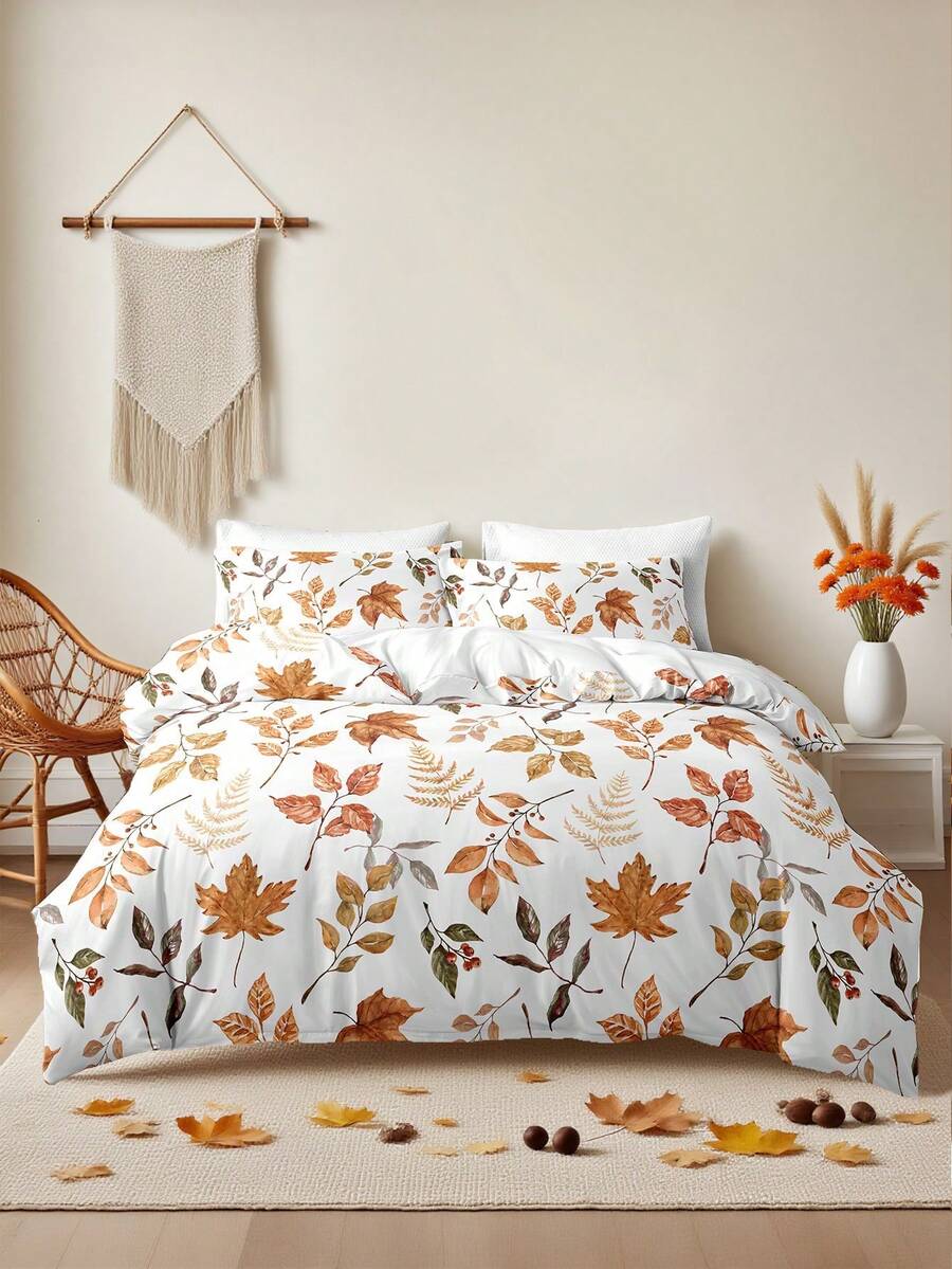 3pcs/Set Halloween Maple Leaves Pumpkin Digital Print Duvet Cover Set(1 Duvet Cover & 2 Pillowcase)Soft And Skin-Friendly Duvet Cover Bedding Set For Home, All Season Bed Sheets Set Halloween Gift - Multicolor - View 1