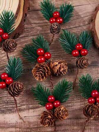 10pcs Mini Christmas Pine Cone DIY Accessory Gift Box Decoration Simulated Flower Christmas Decoration Table Top Display For Crafts, Selected Winter Garland Christmas Decoration Band With Red Berries Pine Needles Craft Table Fireplace Bar Party Holiday Decoration Home Decor Christmas Decorations Room Decor