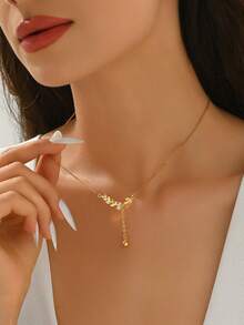 一条18K镀金铜项链，饰以人造锆石珠、麦穗和叶子图案，配有可调节流苏吊坠，优雅百搭，适合日常佩戴或参加派对，是送给女友或妻子的理想礼物。 - 金色 - 查看 2