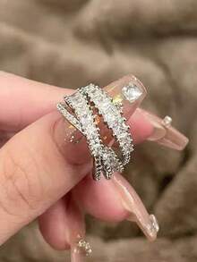 5 件奢华夸张超闪亮方晶锆石可调节开口戒指套装，适合日常时尚、宴会、派对、节日礼物、婚礼新娘佩戴 - 銀色 - 查看 6