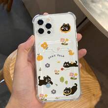 1pc Korean Style Transparent Card Slot Flower & Black Cat Design Phone Case Compatible With IPhone 16 Pro Max/15/14/13/12/11, Versatile - Multicolor - View 1