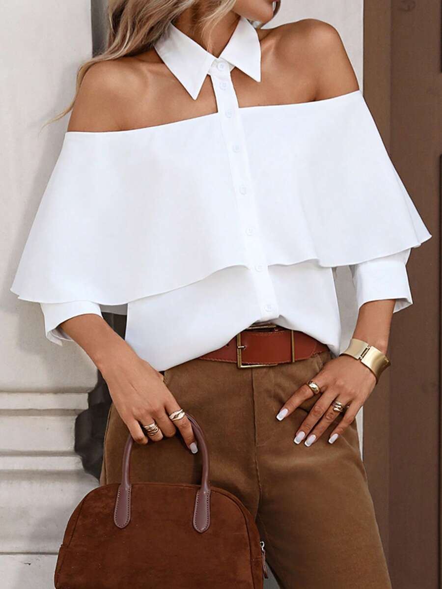 女士露肩纯色长袖衬衫，简约时尚