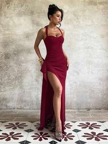 1pc Elegant Solid Color Backless High Slit Asymmetric/Asymmetrical Maxi Dress, Suitable For Parties, Wedding And All Seasons - Burgundy - View 5