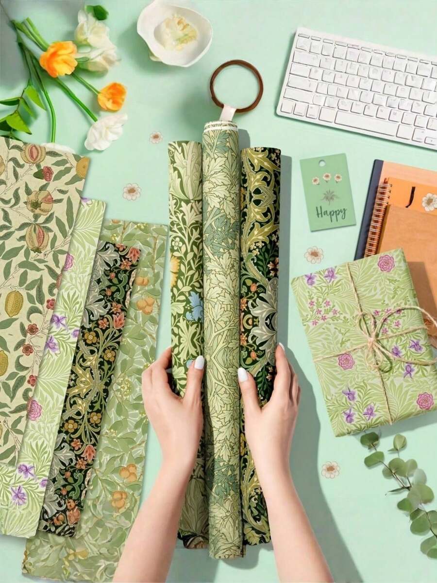 6张复古花卉礼品包装纸 - 50.8-68.58厘米，优雅的绿色和金色花卉图案，点缀着蝴蝶和水果，非常适合婚礼、生日、家庭聚会、圣诞节和毕业礼篮，必备礼品包装用品 | 优雅礼品包装 | 礼品纸，礼品包装纸 家居装饰 圣诞装饰 房间装饰 冬季圣诞装饰 家居圣诞礼物 圣诞装饰 - 彩色 - 查看 1