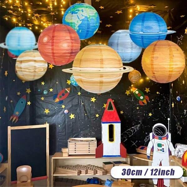 8 piezas/sets de farolillos de papel de 12 pulgadas con diseño de los 8 planetas para decorar una fiesta con tema espacial, adornos colgantes para una fiesta de cumpleaños con tema de astronautas y luces del cielo estrellado