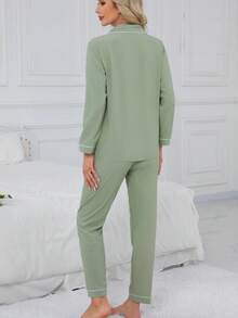 2pcs Women Long Sleeve Top And Pants Pajama Set, Casual Loose Embroidery Heart Homewear Suitable For Home And Outdoor, Autumn, Fall Winter Clothes, Christmas - Green - View 2