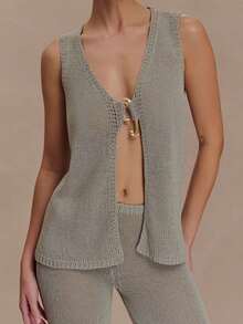 Women's Knit Sleeveless Tank Top Solid Loose Summer Vest With Unique Buckle Accent Clubwear For Party