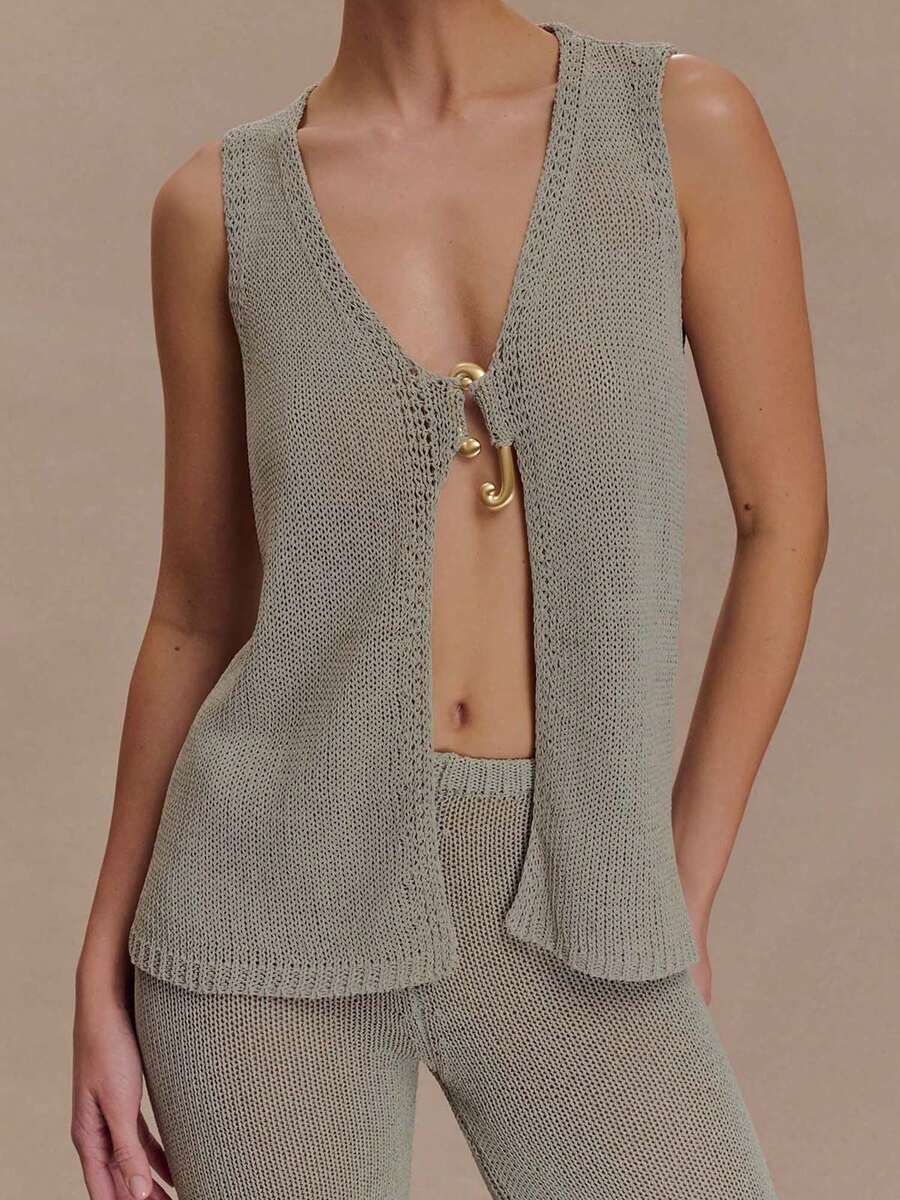 Women's Knit Sleeveless Tank Top Solid Loose Summer Vest With Unique Buckle Accent Clubwear For Party