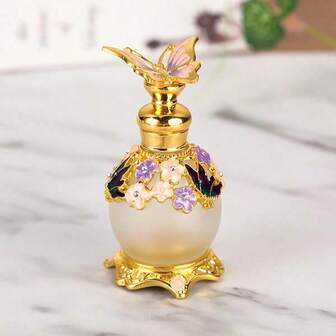 0.51 Oz Blue Butterfly Enamel Painting Glass Dropper Bottle, With Floral Decor, Refillable For Perfume & Essential Oil Storage, Portable & Reusable, Unscented, Home Decor Accessory (Bottle Only, No Fragrance)