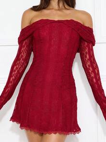 Women's Autumn Lace Ruffle Off Shoulder, Long Sleeve Lace Patchwork Waist A-Line, Elegant, Romantic, Sexy, Pure, Chic Mini Dress For Date, Midnight Party, Music Festival - Red - View 9