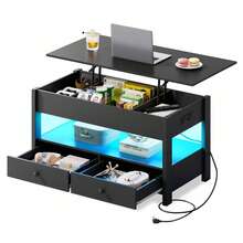 Coffee Table, Lift Top Coffee Table With 2 Drawers, LED Light, Large Hidden Compartment And Open Shelf, Lift Tabletop, Dining Table For Living Room - View 9