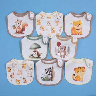 8pcs/Set Cartoon Seasonal Print Adjustable Snap Waterproof Baby Bibs For Boys And Girls