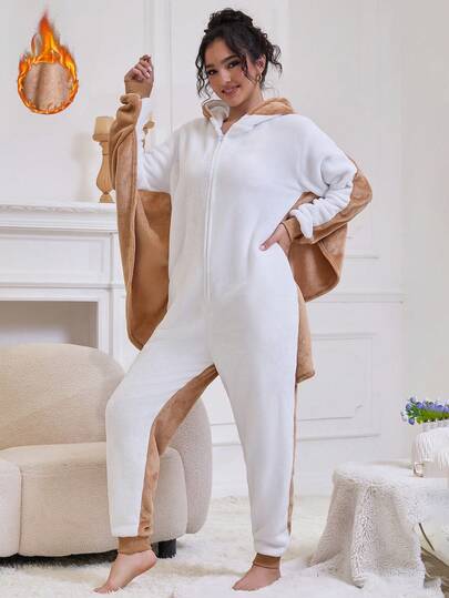 Adult Cute Flying Squirrel Pajamas, Unisex Animal Sleepwear, Comfortable & Warm Holiday Home Outfit, Couple Pajamas For Winter