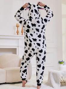 1件装女士保暖法兰绒奶牛印花连体睡衣，蓬松柔软，可爱卡通设计，宽松版型，适合圣诞派对和节日礼物，秋冬季节穿着，舒适保暖 - 白色 - 查看 4