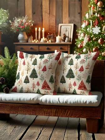 1/2/4pcs Soft Christmas Tree Decorative Throw Pillow Covers - 100% Polyester Christmas Tree Pillow Covers, Soft Festive Red And Green Design, Machine Washable With Zipper Closure, Perfect For Living Room, Bedroom Sofa, Holiday Decor (No Inserts)